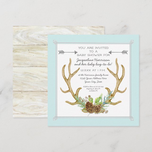 Invitation Carré Deer Antler Pine Cone Ferns Baby Boy Douche (Devant / Derrière)
