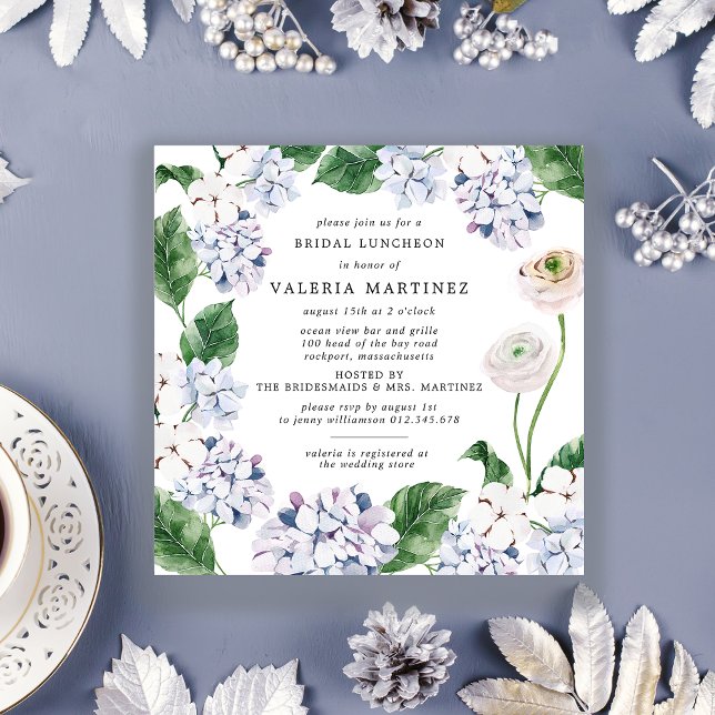 Invitation Carré du déjeuner de la mariée Blue Hydrangea Whit (Créateur téléchargé)
