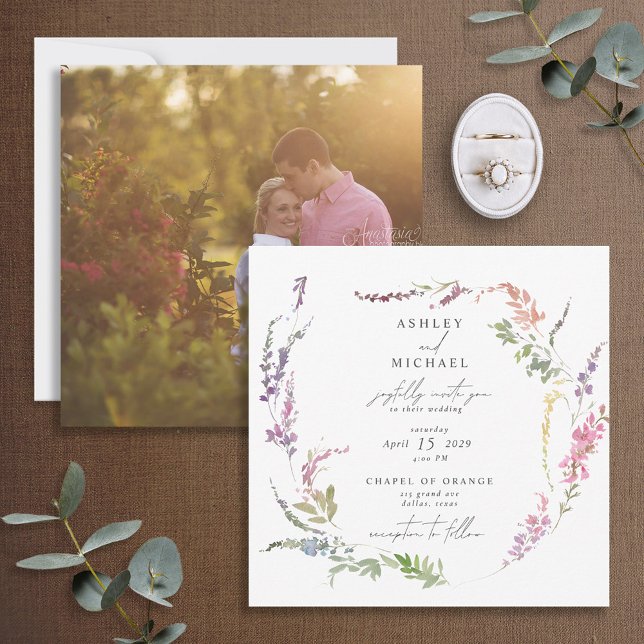 Invitation Carré Fleur sauvage Aquarelle Florale Mariage phot (Créateur téléchargé)