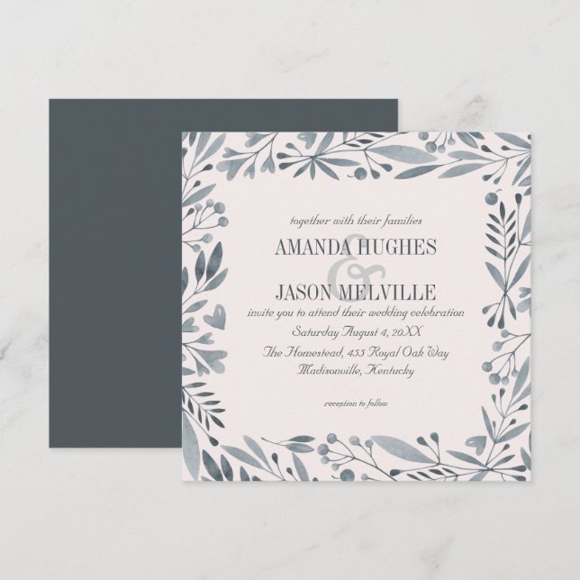 Invitation Carré | floral botanique argenté | du rose | de (Devant / Derrière)