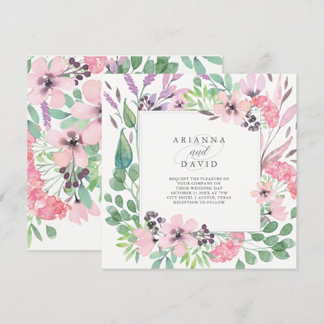 Invitation Carré floral de mariage d'aquarelle du bouquet | (Devant / Derrière)