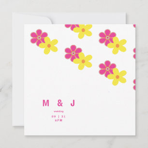 Invitation Carré floral rétro rose et Mariage jaune