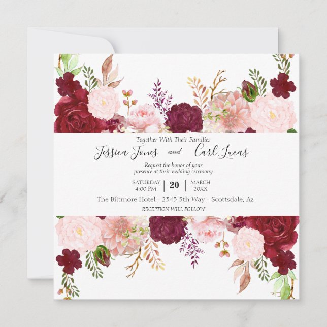 Invitation Carré floral rose-rose-bordeaux (Devant)