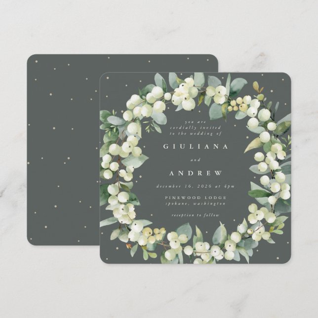 Invitation Carré Green Snowberry+Eucalyptus Wreath Mariage (Devant / Derrière)