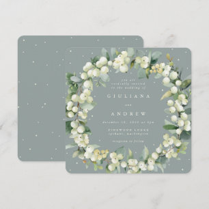 Invitation Carré Green Snowberry+Eucalyptus Wreath Mariage