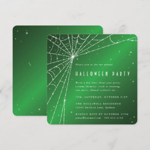Invitation Carré Green Sparkling Spider Web Halloween Party