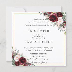 Invitation Carré Mariage classique Burgundy Blush Floral Gold