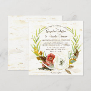 Invitation Carré mariage de automne Wreath Boho Feather Birk 