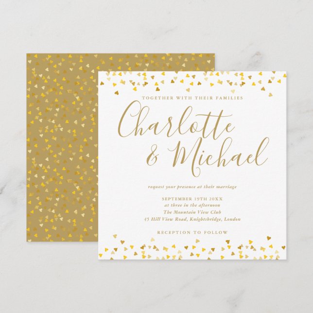 Invitation Carré Mariage de script Gold Hearts Confetti (Devant / Derrière)