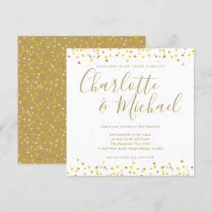 Invitation Carré Mariage de script Gold Hearts Confetti