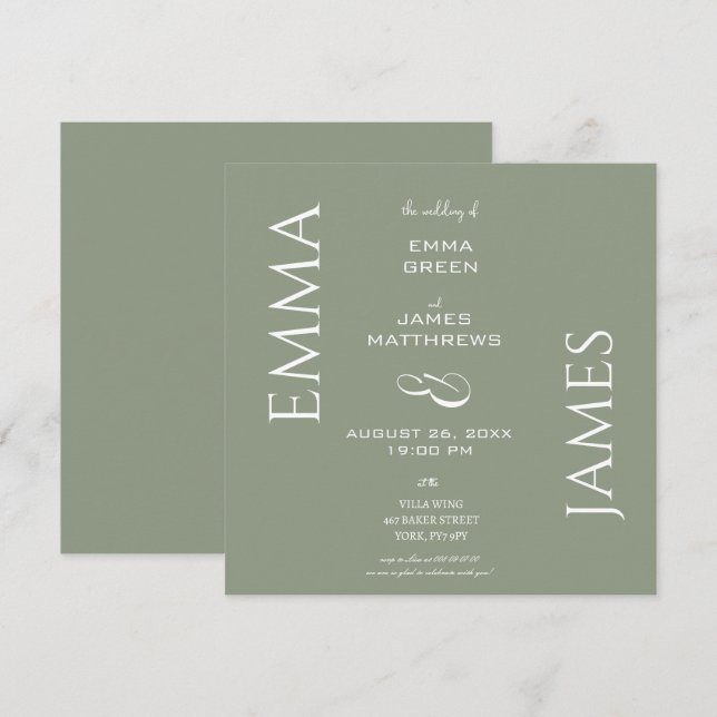 Invitation Carré Mariage élégant Sage vert et blanc (Devant / Derrière)