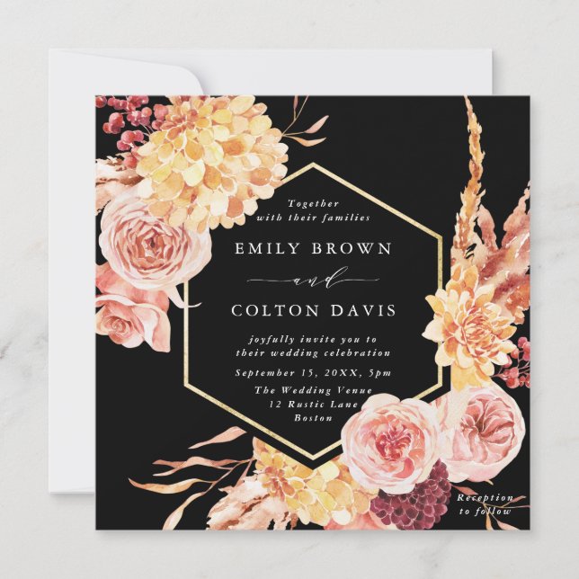Invitation Carré Mariage Floral Burgundy Terracotta Gold (Devant)