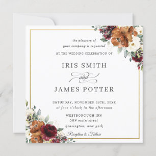 Invitation Carré Mariage floral d'ivoire d'orange brulé