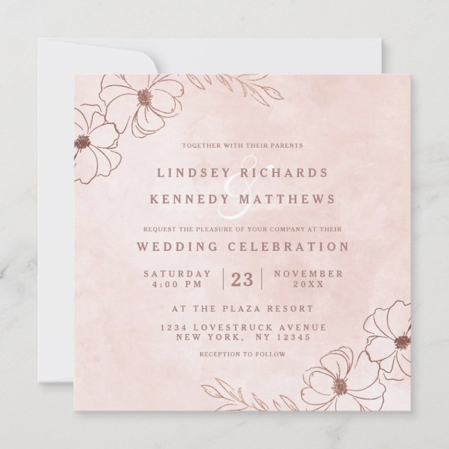 Invitation Carré Mariage floral rose et Rose (Devant)