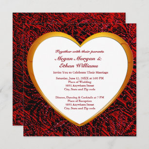 Invitation Carré Mariage Gold Heart Frame & Red Fabric