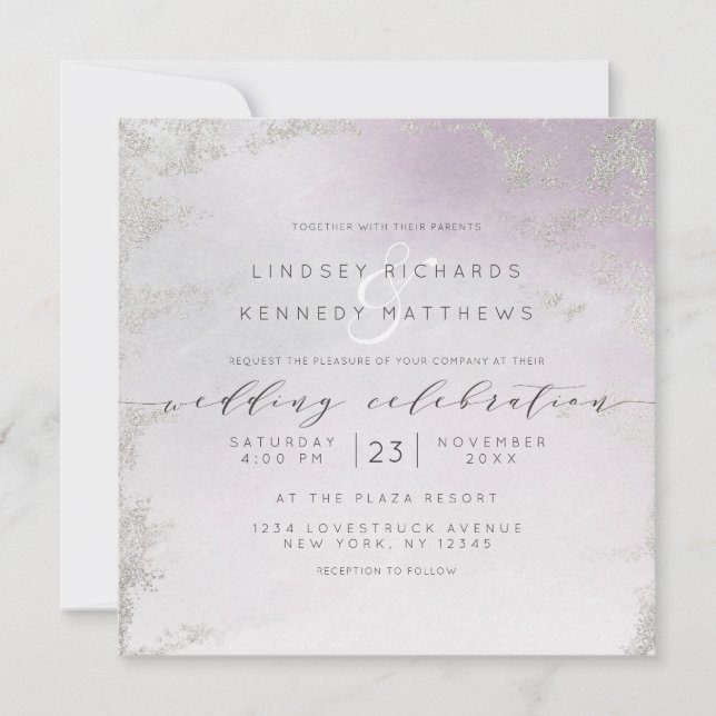 Invitation Carré Mariage Ombre Lumière Violet Argent Chic Foi (Devant)