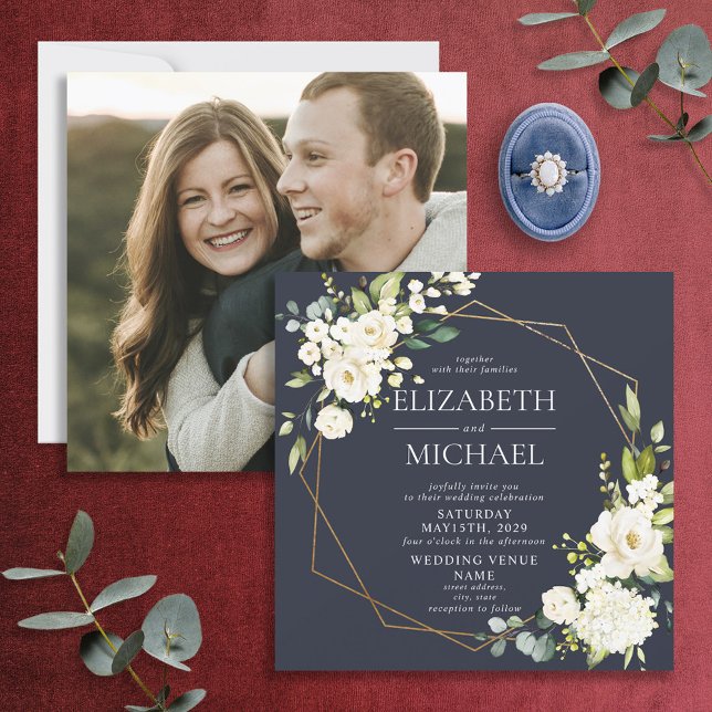 Invitation Carré Marine Bleu Or Géométrique Blanc Floral Phot (Créateur téléchargé)