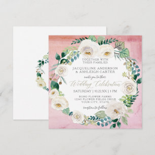 Invitation Carré Moderne Blush en Rose Blanche Eucalyptus Wre