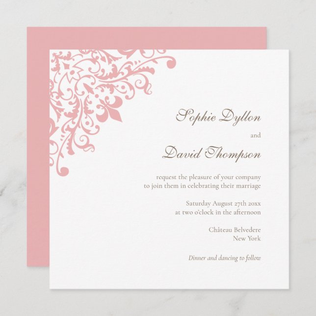 Invitation Carré Motif Regency Pink Fleur de Lis (Devant / Derrière)