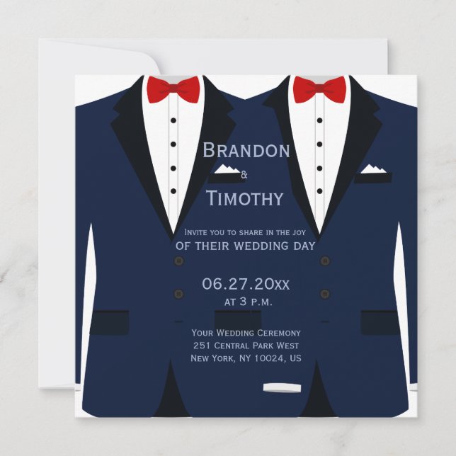 Invitation Carré Personnalisé Bleu Et Blanc Mariage Gay Invit (Devant)