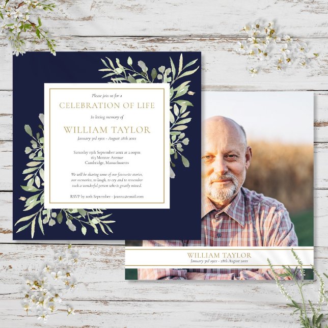 Invitation Carré photo de la marine Blue Funeral Celebration  (Navy Blue Funeral Celebration of Life Photo Square Invitation)