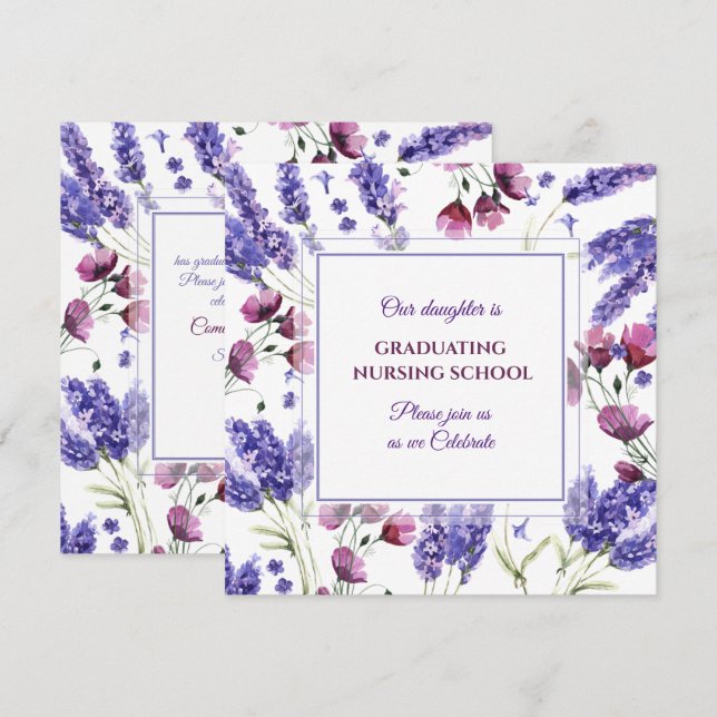 Invitation Carré Purple Aquarelle Fleurs Graduation (Devant / Derrière)