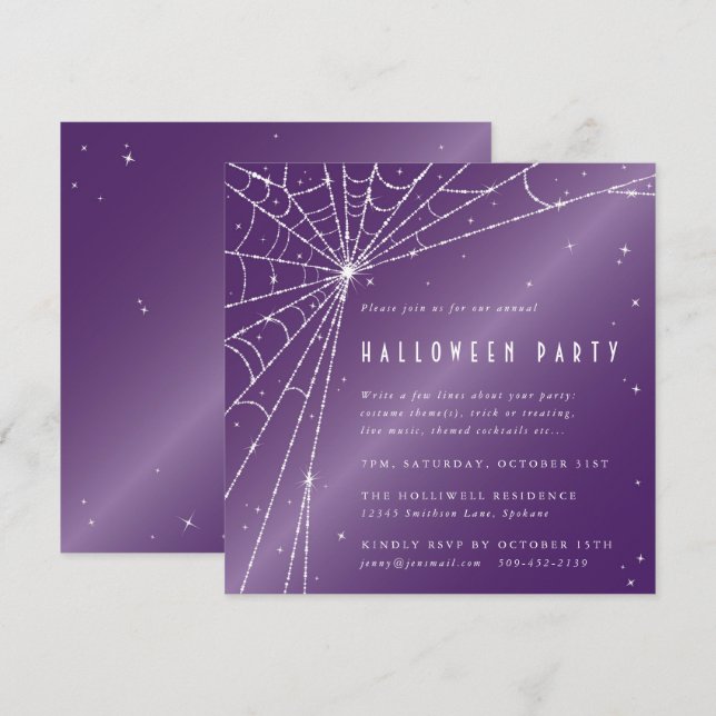 Invitation Carré Purple Sparkling Spider Web Halloween Party (Devant / Derrière)