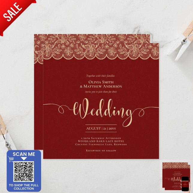 Invitation CARRÉ RED Gold Lace Mariage Imprimer ou TÉLÉCHARGE (Créateur téléchargé)
