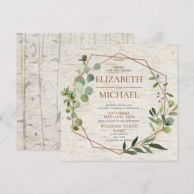 Invitation Carré Rustique Cuivre Mariage géométrique Eucalypt (Devant / Derrière)