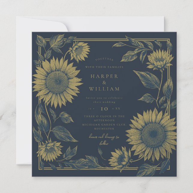 Invitation carré tournesol marine jaune mariage (Devant)