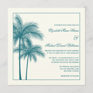 Invitation Carré turquoise d'Ecru de palmiers élégants
