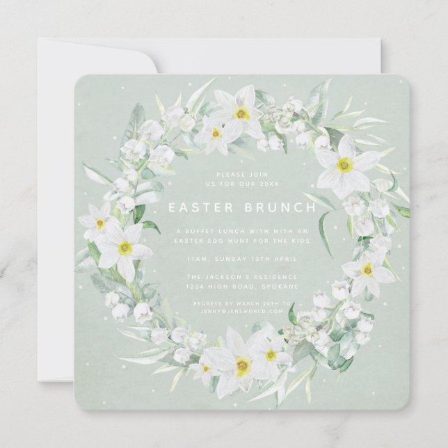 Invitation Carré Vert + Blanc Floral Wreath Brunch de Pâques (Devant)