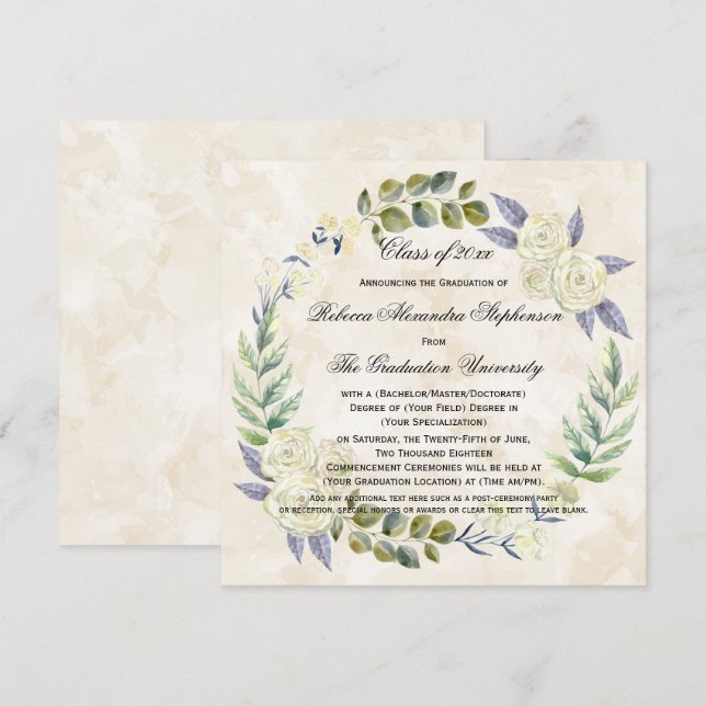 Invitation Carré Watercolor Flower Wreath College Graduation (Devant / Derrière)