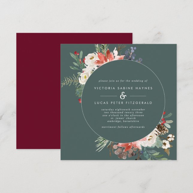Invitation Carré Winter Sage & Marsala Floral Mariage (Devant / Derrière)
