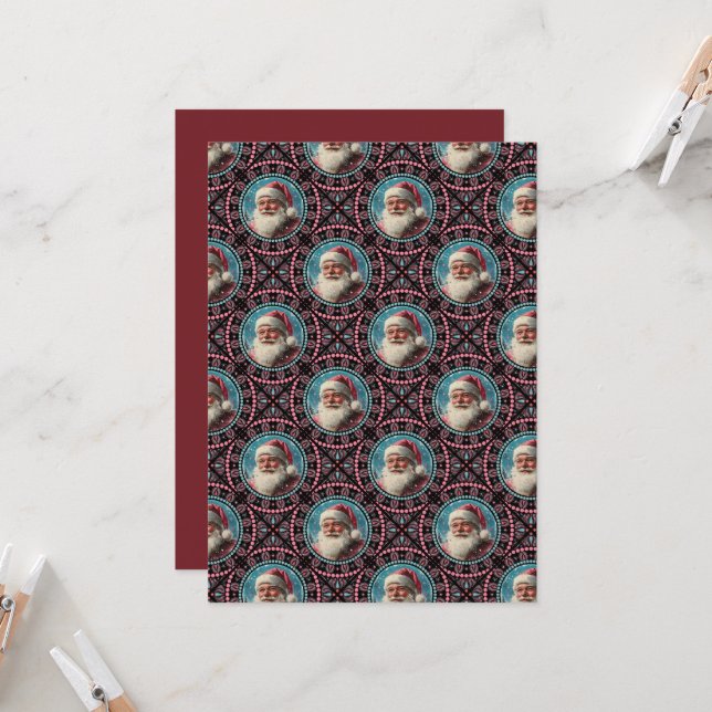 Invitation Carreau Père Noël Mandala rose et Turquoise (Devant/Arrière en situation)