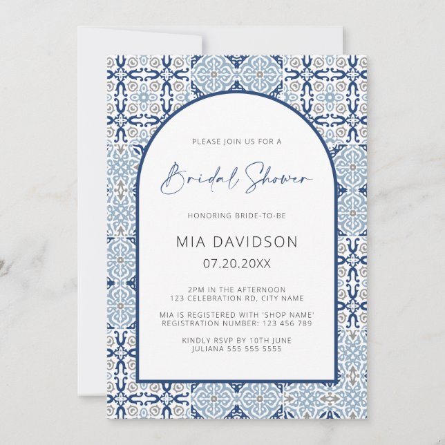 Invitation Carreaux Arch Amalfi Bleu & Gris Fête des mariées (Devant)