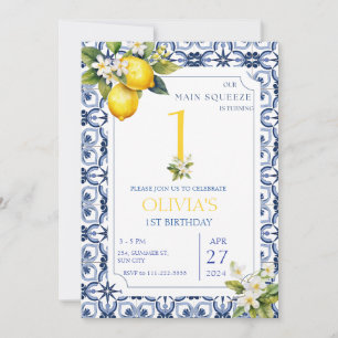 Invitation Carreaux bleu citron méditerranéen 1er 2e annivers