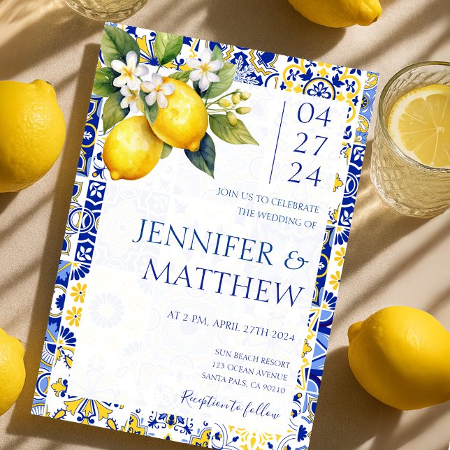 Invitation Carreaux bleu citron méditerranéen Mariage italien (Mediterranean Lemon Blue Tiles Italian Wedding Invitation)