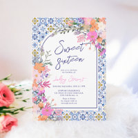 Carreaux bleu italien aquarelle floral Sweet 16