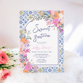 Invitation Carreaux bleu italien aquarelle floral Sweet 16