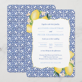 Invitation Carreaux bleu italien Aquarelle Lemons Mariage