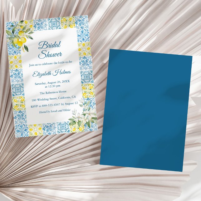 Invitation Carreaux bleu méditerranéen et Fête des mariées ci (Mediterranean Blue Tiles and Lemons Bridal Shower Invitation on a dry palm leaf.)