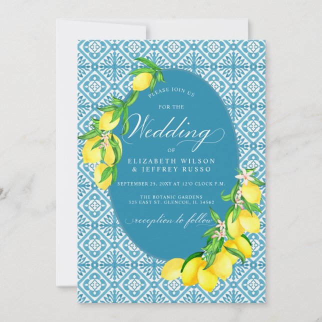 Invitation Carreaux bleu sicilien Mariage citron bois d'été (Devant)