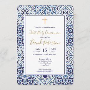 Invitation Carreaux bleus et croix d'or Communion
