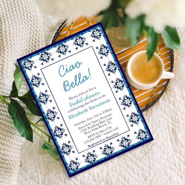 Invitation Carreaux bleus italiens Ciao Bella Fête des mariée (Créateur téléchargé)