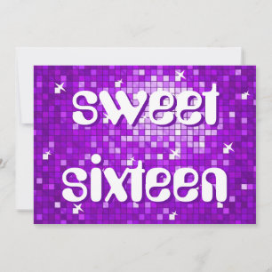 Invitation Carreaux de disco Purple 'sweet sixteen' texte d'a