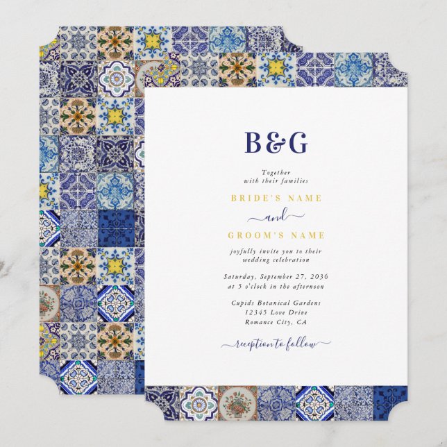 Invitation Carreaux de mariage à motif portugais méditerranée (Devant / Derrière)