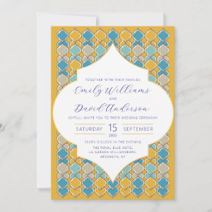 Invitation Carreaux marocains minimaux Jaune Bleu Or Code QR