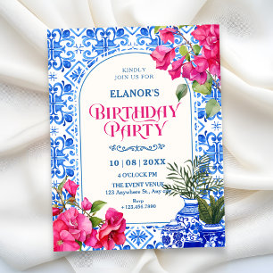 Invitation Carrelage artistique bleu blanc pour anniversaire