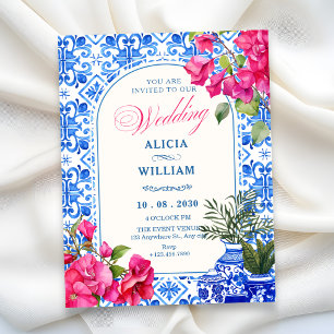 Invitation Carrelage artistique de mariage bleu blanc